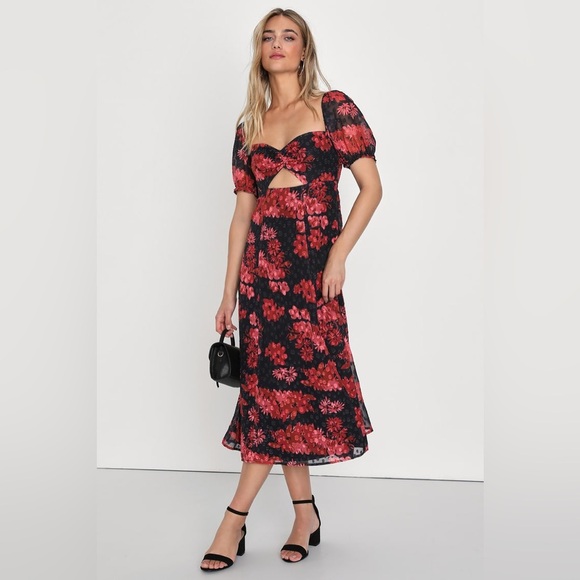 Lulus Red Black Floral Midi Puff Sleeve Dress Dark Romantic Cocktail Sheer L - Picture 3 of 10